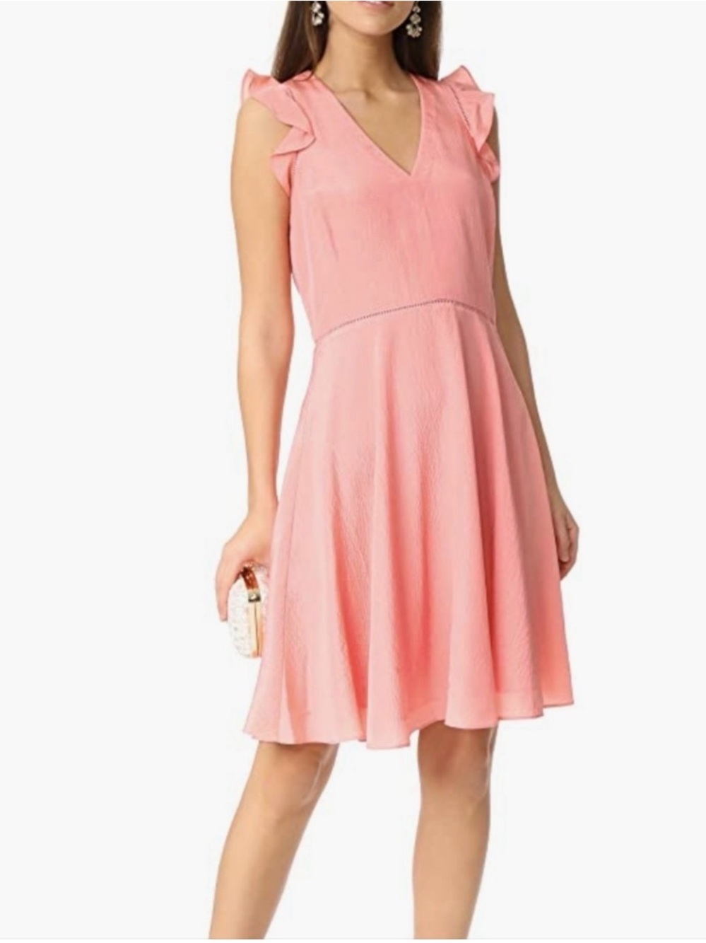 Rebecca Taylor Coral Pink V-Neck Ruffle Sleeve Midi Dress